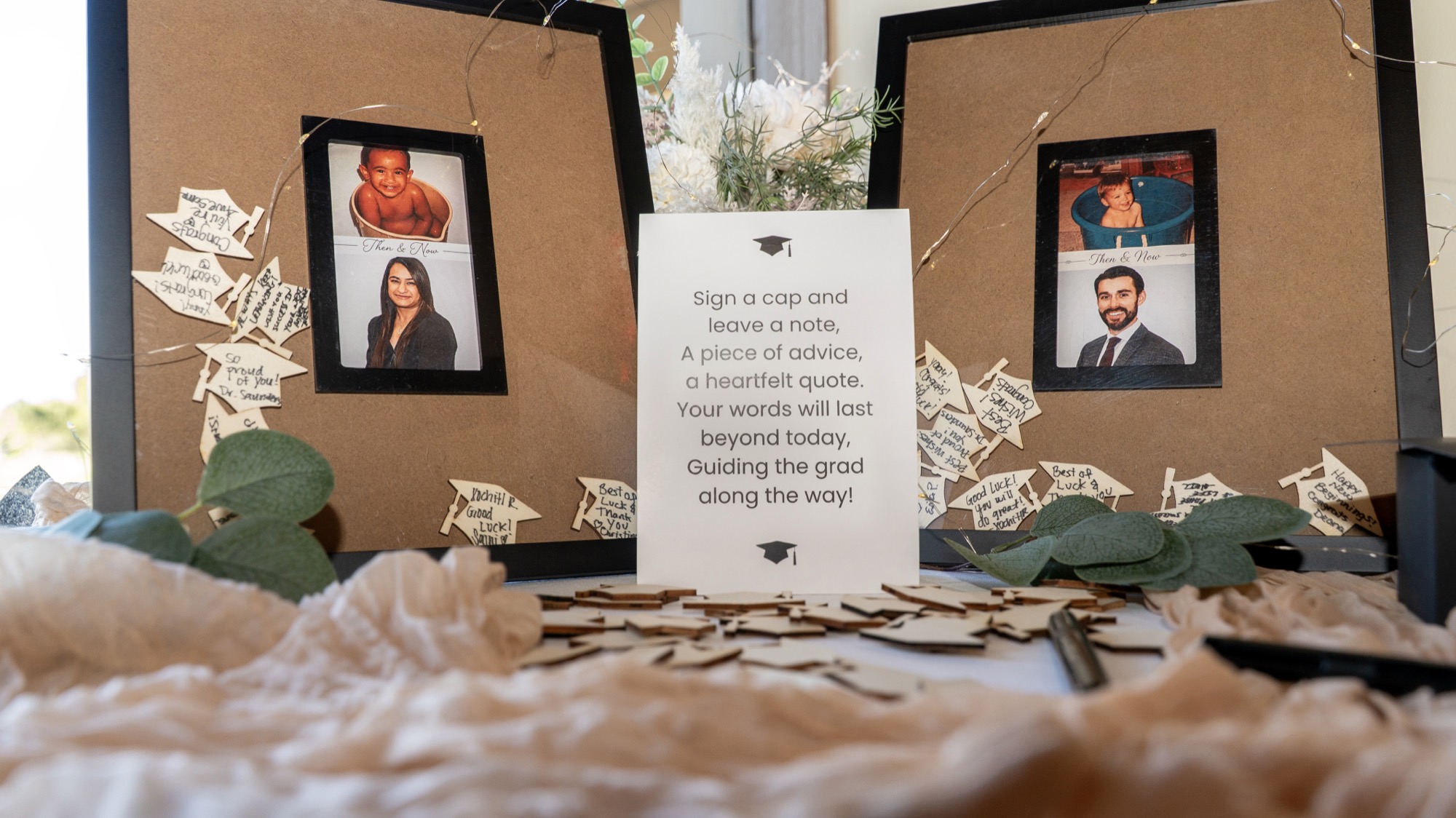 'Then & Now' display honoring Dr. Amin and Dr. Dunbar with guest book caps
